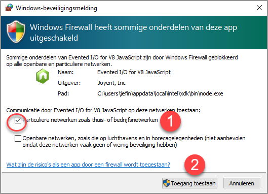 Intel XDK - Create new project - Windows beveiligingsmelding